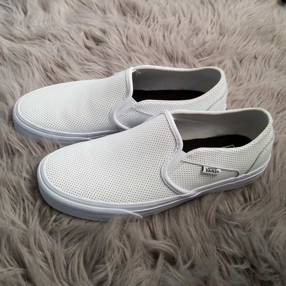 Vans white leather perforated slip ons Size 8